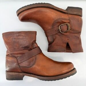 FRYE Veronica Redwood Brown Leather Buckle Moto Biker Ankle Short Boot 8.5B